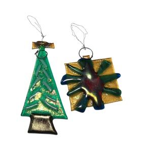 Set of 2 Fused Glass Christmas Ornaments Tree Starburst Handmade Hanging Decor